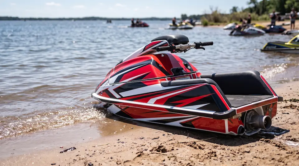 After: the same stand-up jet ski in a bold red, black and white graphic kit, looking new on the beach